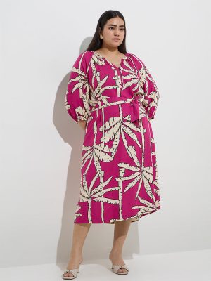 Gia Fuchsia Tropical-Inspired A-Line Dress with Belt
