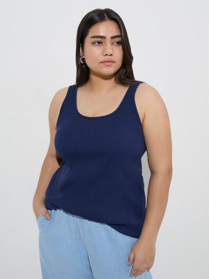 Gia Navy Ribbed-Textured Cotton-Blend Tank Top