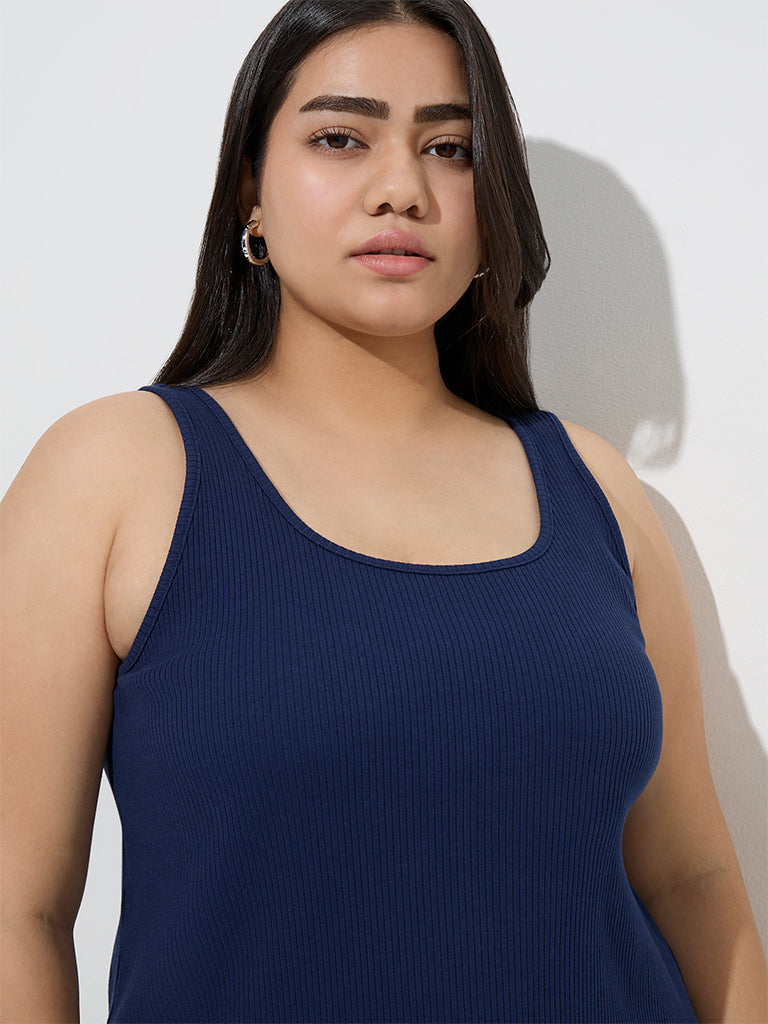 Gia Navy Ribbed-Textured Cotton-Blend Tank Top - Image 2