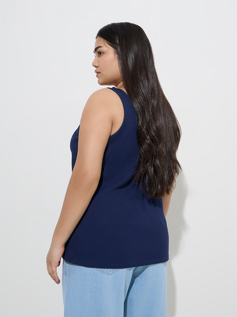 Gia Navy Ribbed-Textured Cotton-Blend Tank Top - Image 4