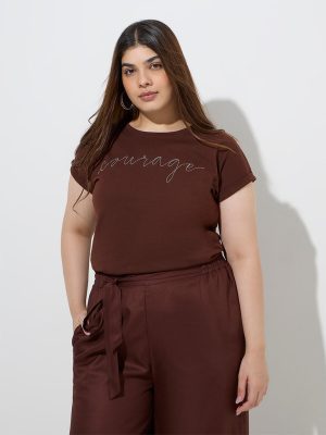 Gia Dark Brown Typographic Design Cotton T-Shirt