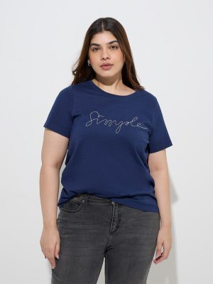 Gia Navy Text Printed Cotton T-Shirt