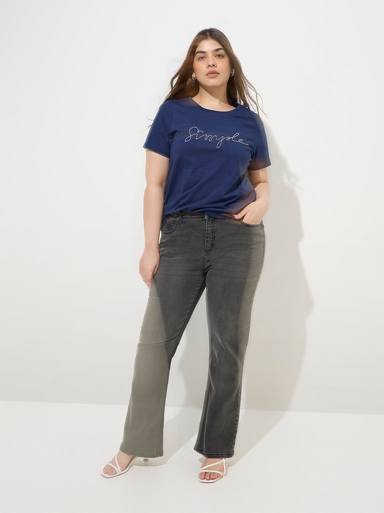 Gia Navy Text Printed Cotton T-Shirt - Image 2