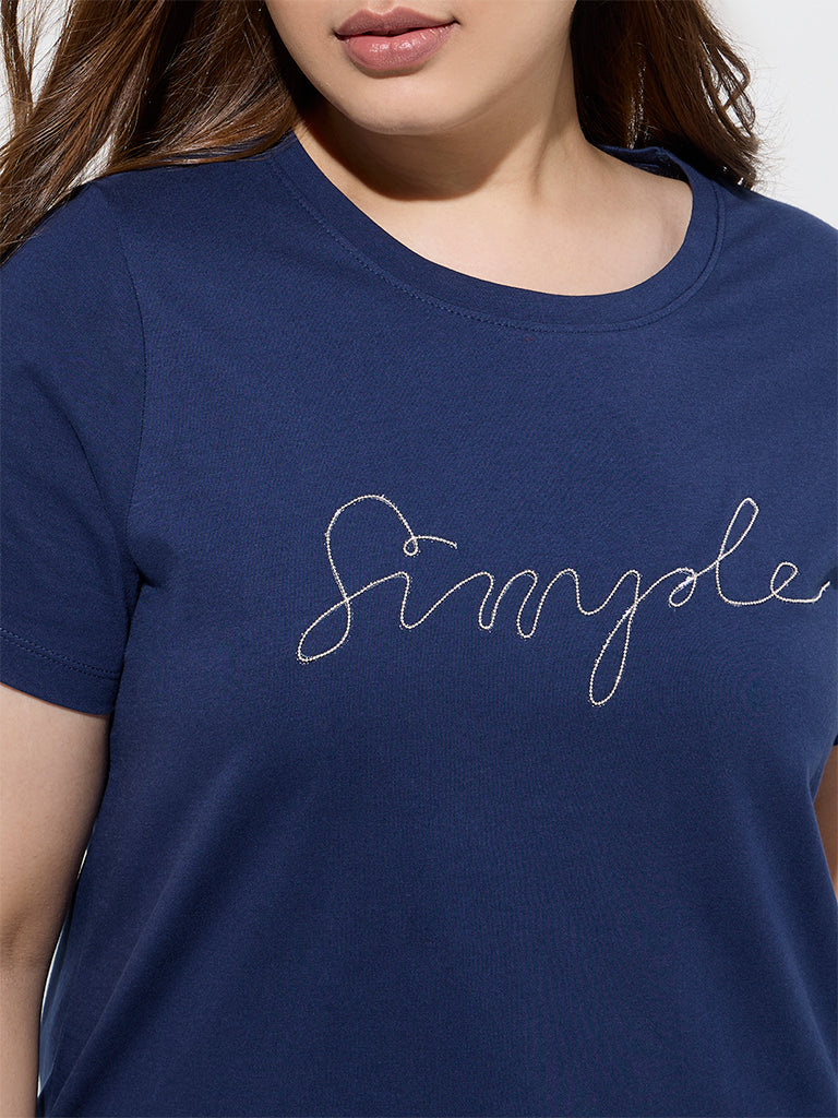 Gia Navy Text Printed Cotton T-Shirt - Image 3