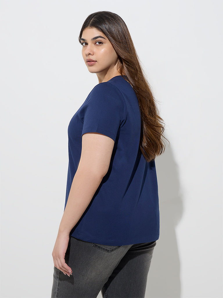 Gia Navy Text Printed Cotton T-Shirt - Image 4