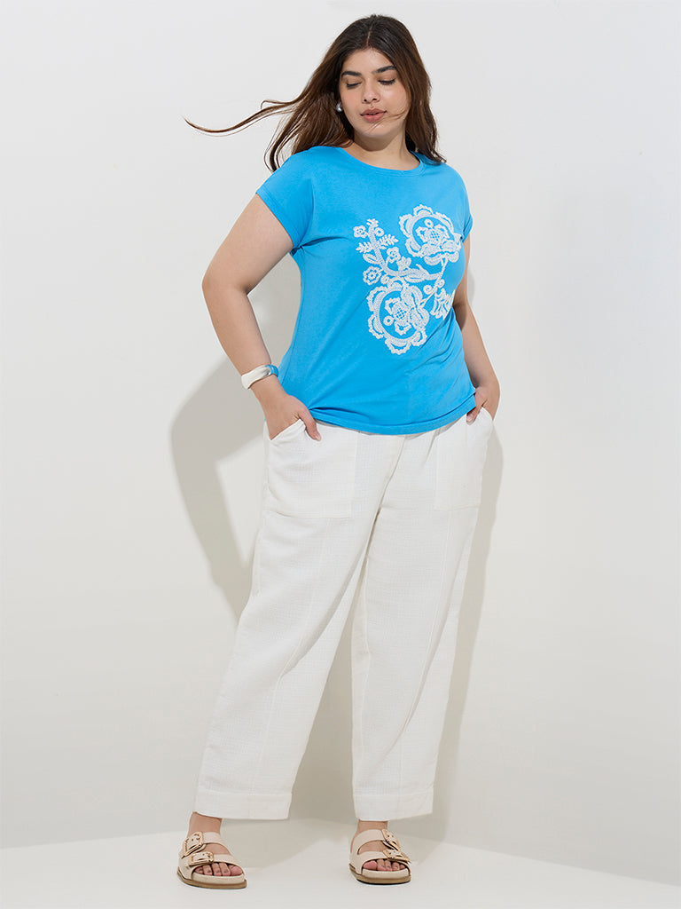 Gia Blue Floral Printed Cotton T-Shirt