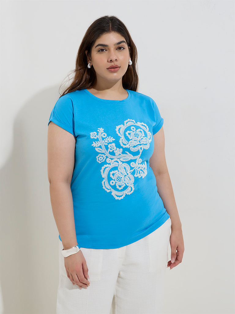 Gia Blue Floral Printed Cotton T-Shirt - Image 2