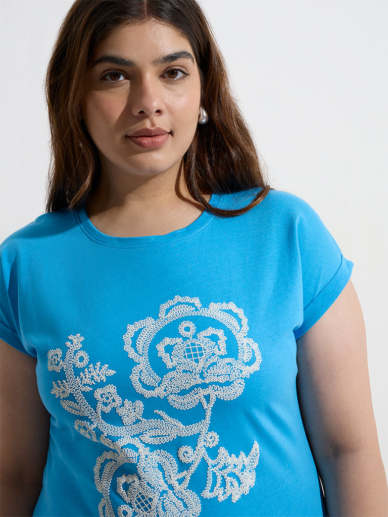 Gia Blue Floral Printed Cotton T-Shirt - Image 3