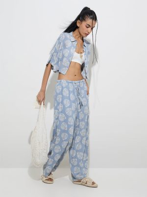 Nuon Dusty Blue Shell Printed Mid-Rise Pants