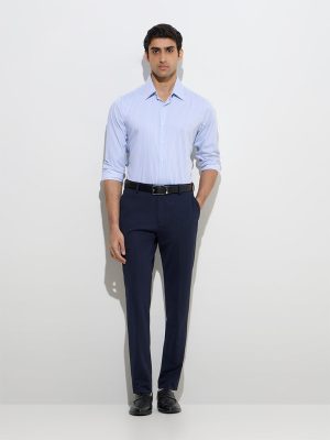 WES Formals Blue Stripe Printed Slim-Fit Cotton Shirt