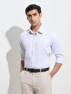 WES Formals Beige Stripe Patterned Slim-Fit Cotton Shirt