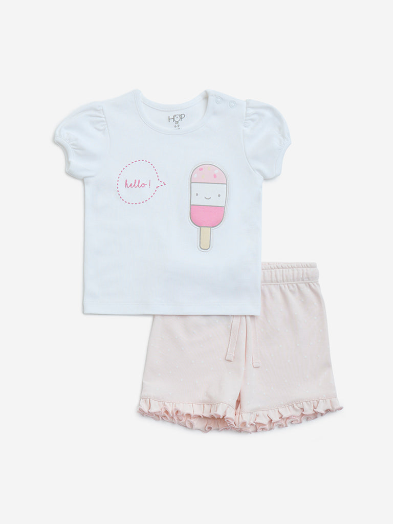 HOP Baby White Printed Cotton Top with Shorts Set