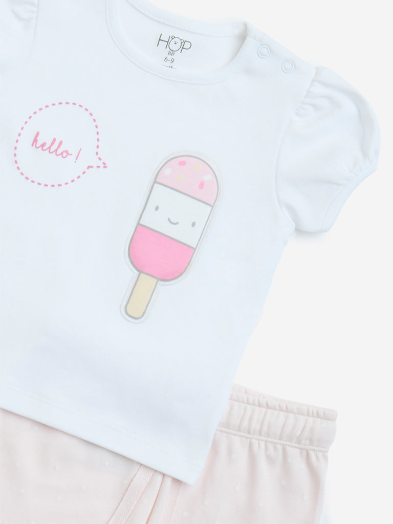 HOP Baby White Printed Cotton Top with Shorts Set - Image 3