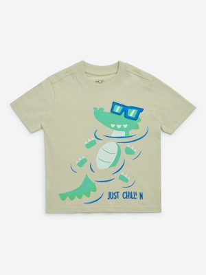 HOP Kids Beige Animal Printed Cotton T-Shirt