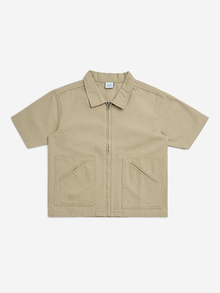 HOP Kids Taupe Printed Cotton Shirt