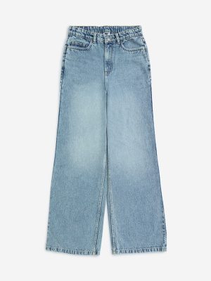 Y&F Kids Light Blue Washed Straight-Fit High-Rise Jeans