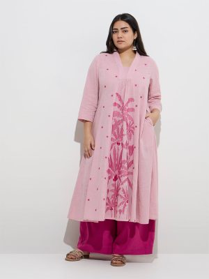 Diza Pink Tropical Embroidered Cotton A-Line Kurta
