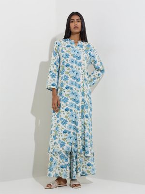 Utsa Blue Floral Patterned A-Line Kurta