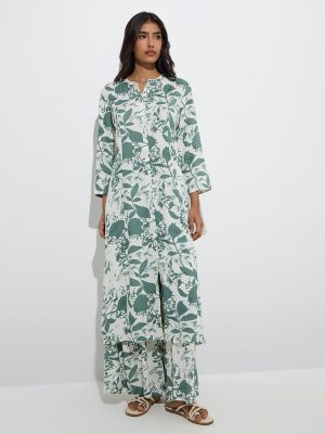 Utsa Green Leaf Design A-Line Kurta