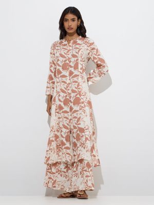 Utsa Rust Botanical Design A-Line Kurta