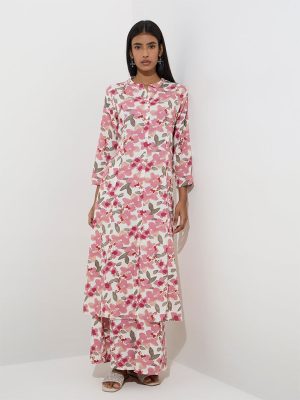 Utsa Pink Floral Printed A-Line Kurta