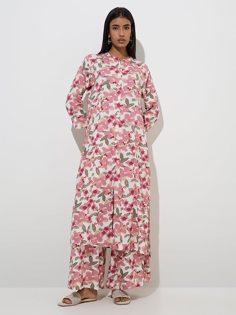 Utsa Pink Floral Printed A-Line Kurta - Image 2