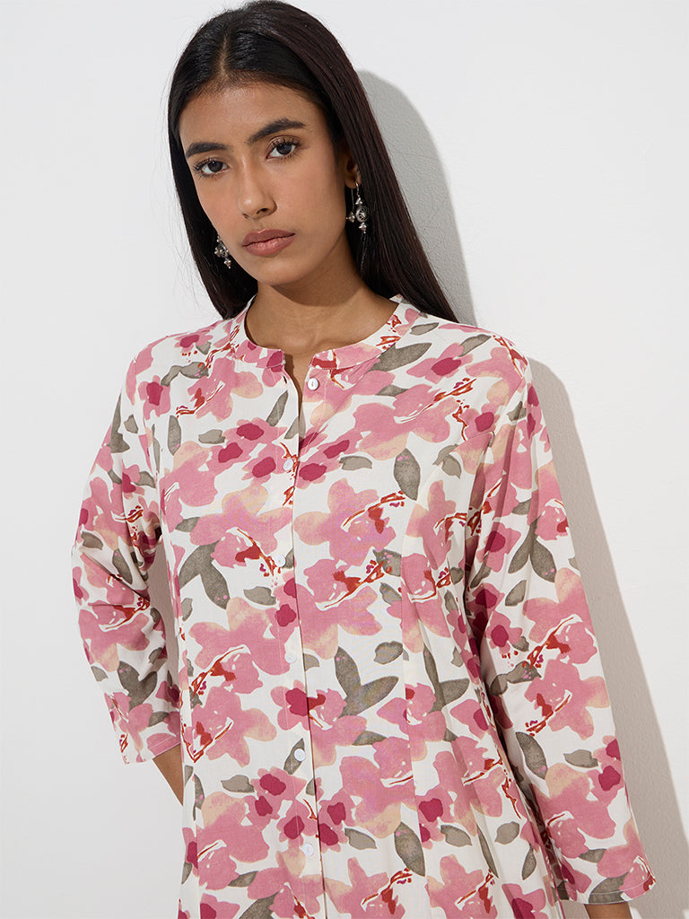 Utsa Pink Floral Printed A-Line Kurta - Image 3
