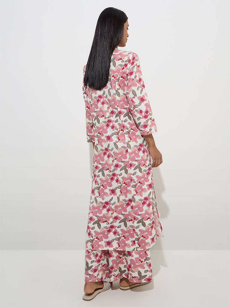 Utsa Pink Floral Printed A-Line Kurta - Image 4