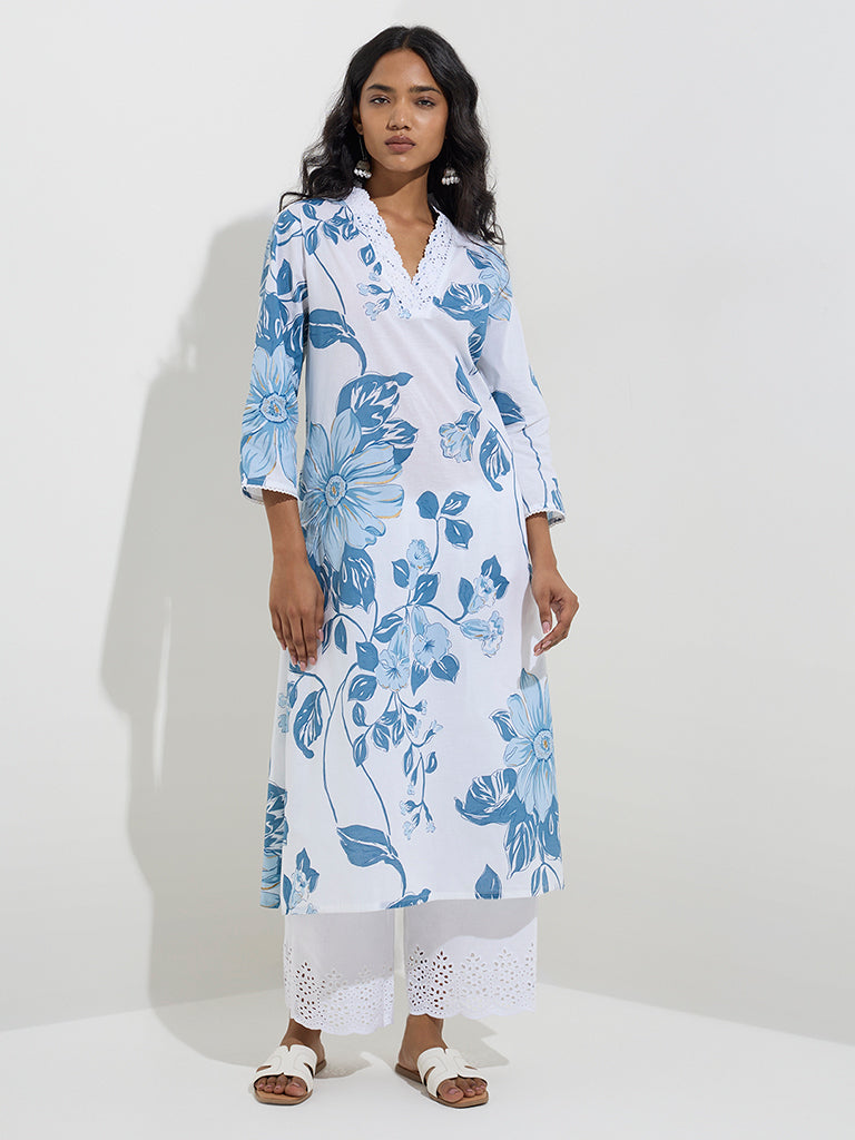 Utsa Blue Botanical Design A-Line Kurta