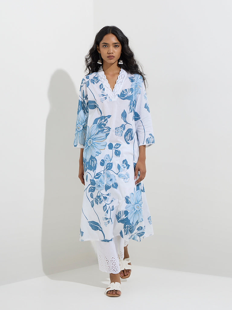 Utsa Blue Botanical Design A-Line Kurta - Image 2