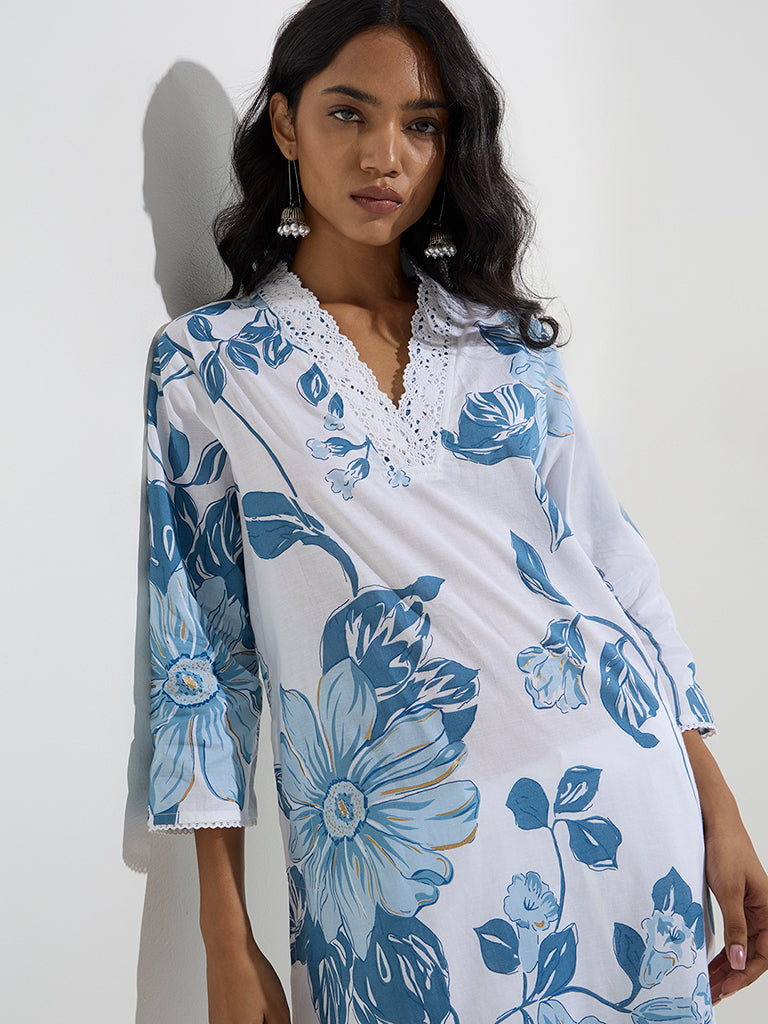 Utsa Blue Botanical Design A-Line Kurta - Image 3