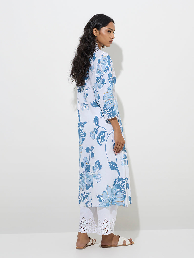 Utsa Blue Botanical Design A-Line Kurta - Image 4