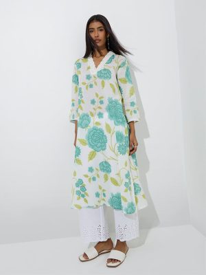 Utsa Aqua Floral Design Cotton A-Line Kurta