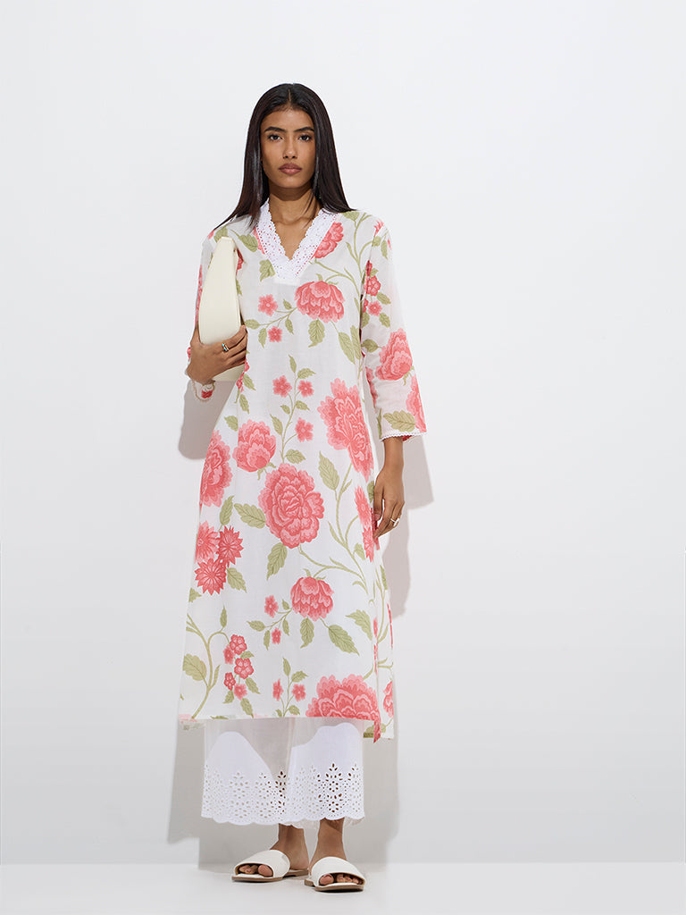 Utsa Coral Floral Design Cotton A-Line Kurta