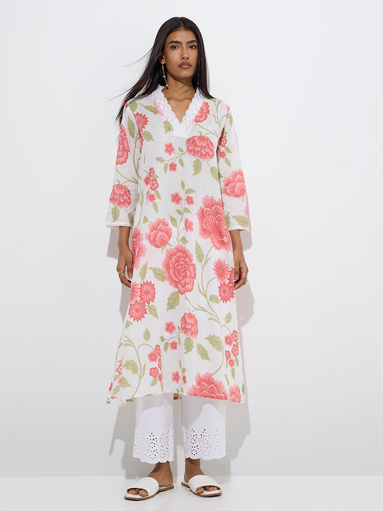 Utsa Coral Floral Design Cotton A-Line Kurta - Image 2