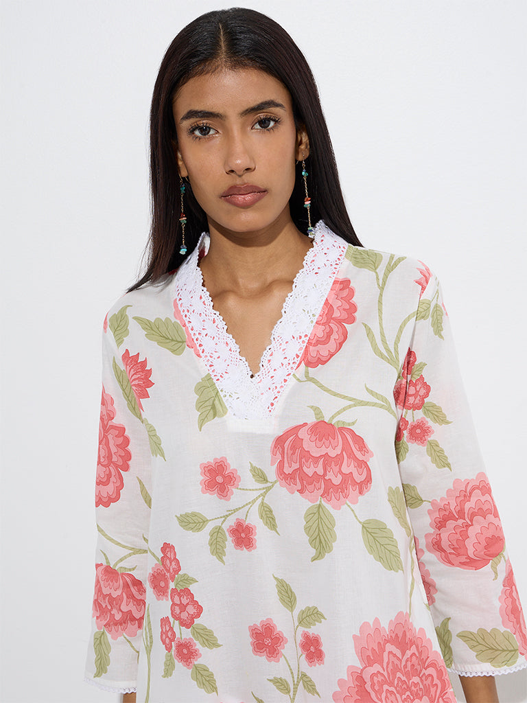 Utsa Coral Floral Design Cotton A-Line Kurta - Image 3