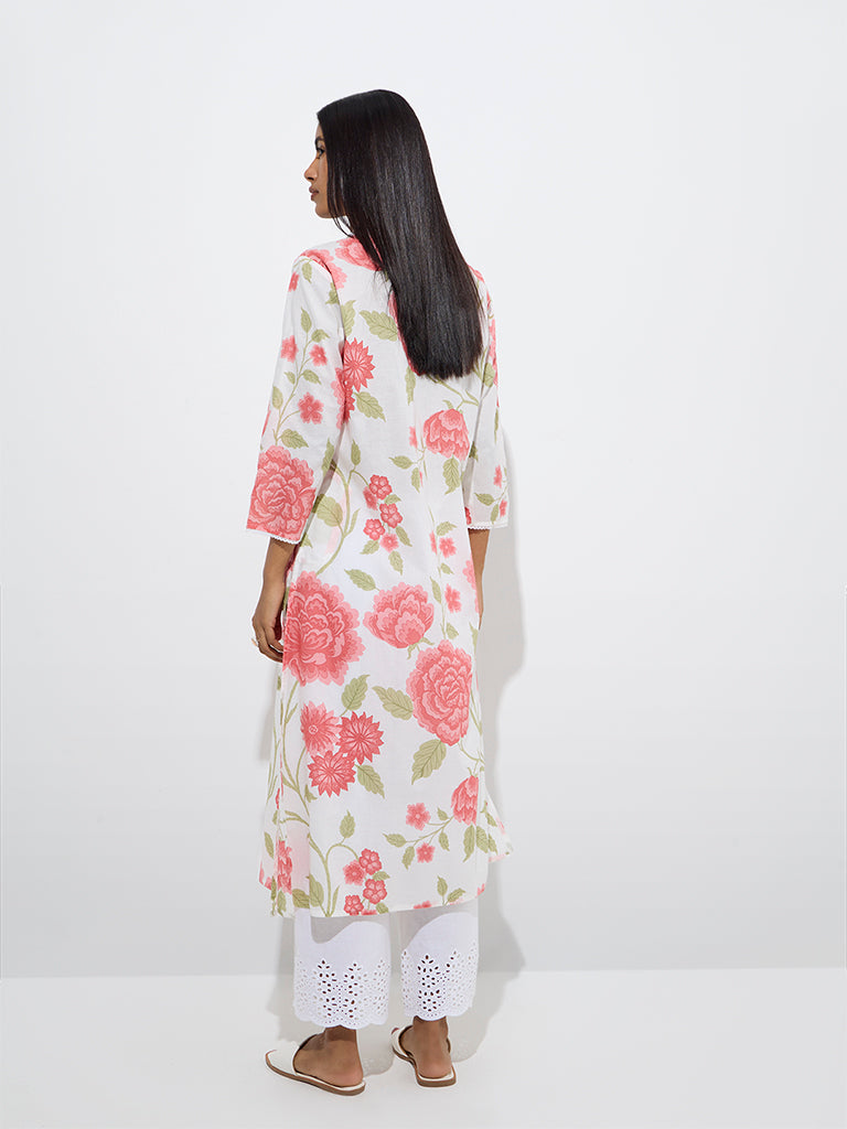 Utsa Coral Floral Design Cotton A-Line Kurta - Image 4