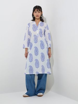 Utsa Blue Paisley Printed Cotton Straight Kurta