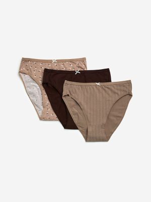 Wunderlove Taupe Cotton-Blend Hi-Leg Briefs - Pack of 3