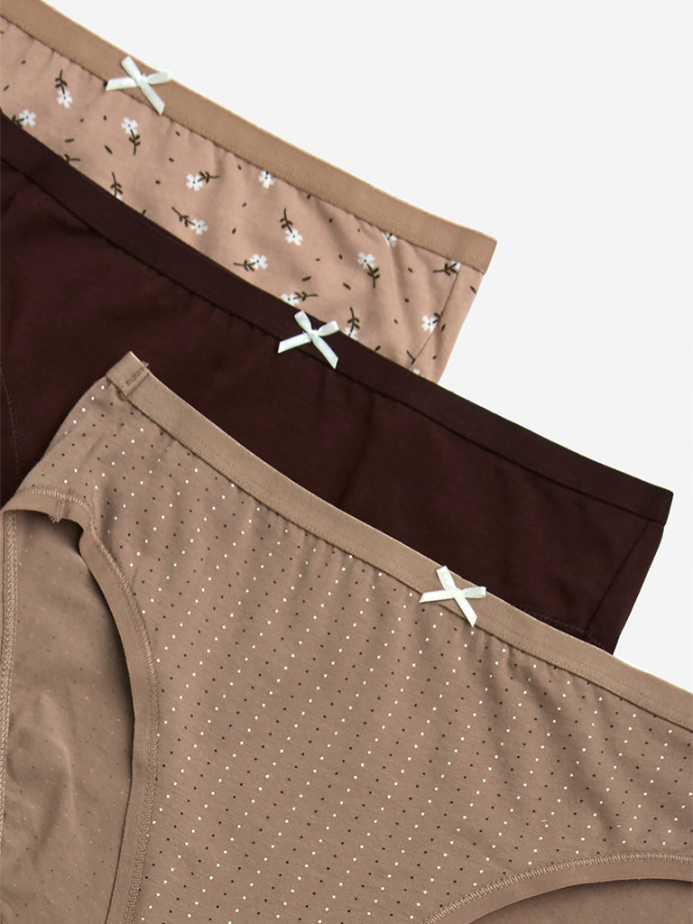 Wunderlove Taupe Cotton-Blend Hi-Leg Briefs - Pack of 3 - Image 4