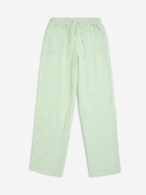 Y&F Kids Lime Checkered High-Rise Cotton Trousers