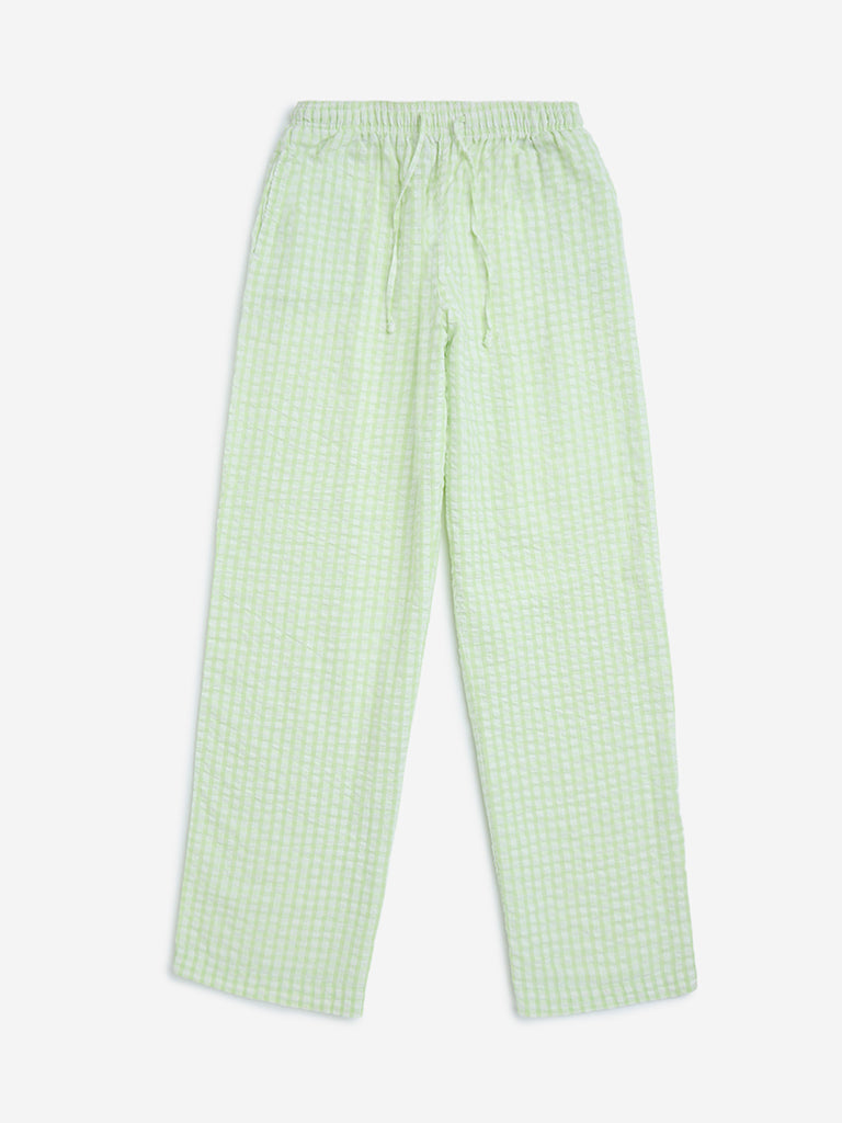 Y&F Kids Lime Checkered High-Rise Cotton Trousers