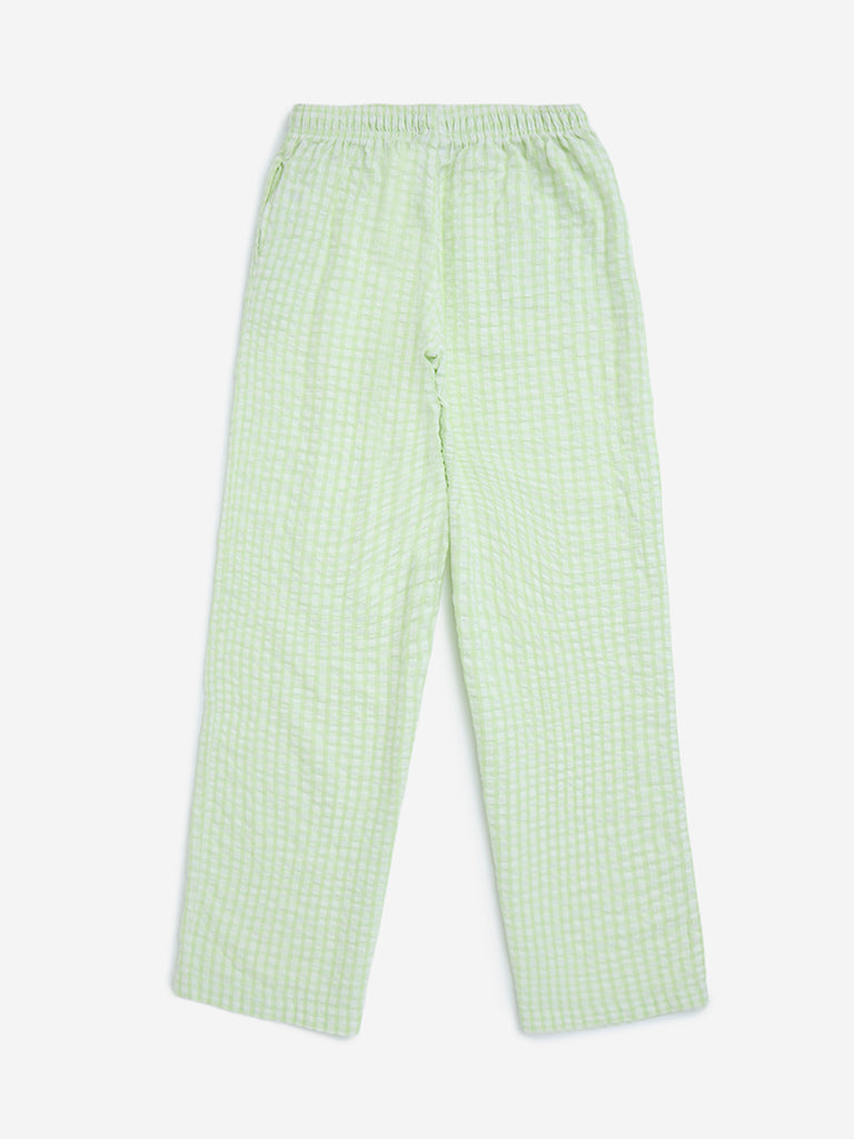 Y&F Kids Lime Checkered High-Rise Cotton Trousers - Image 3