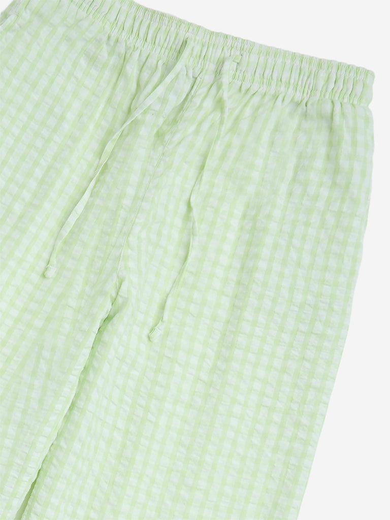 Y&F Kids Lime Checkered High-Rise Cotton Trousers - Image 4