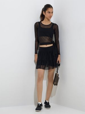 Studiofit Black Mesh Detailed High-Rise Cotton-Blend Skirt