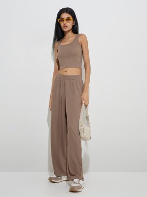 Studiofit Taupe Waffle-Textured High-Rise Track Pants