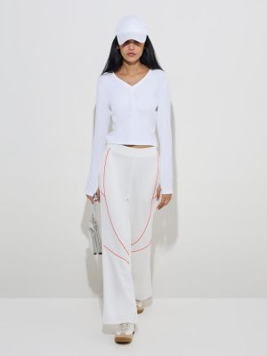 Studiofit White Ribbed-Textured High-Rise Track Pants