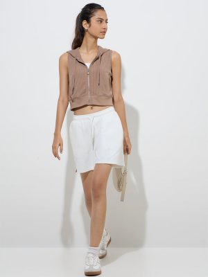 Studiofit Taupe Ribbed-Textured Hooded Jacket