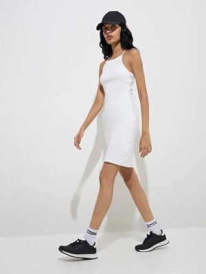 Studiofit White Ribbed Cotton-Blend Bodycon Dress
