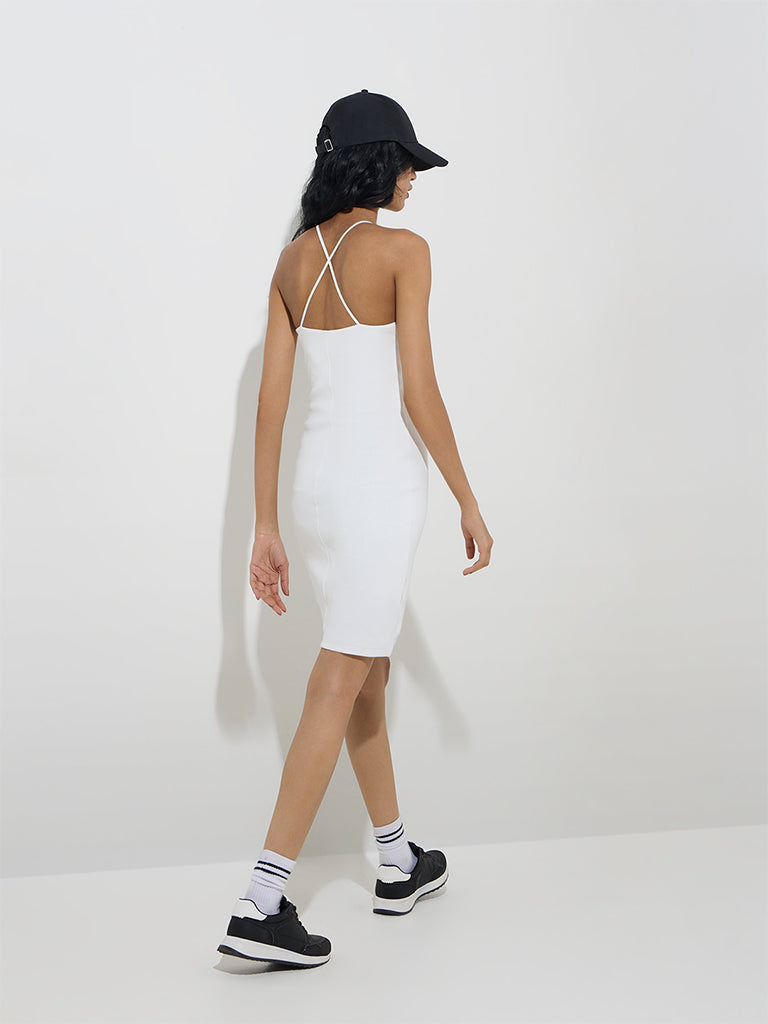 Studiofit White Ribbed Cotton-Blend Bodycon Dress - Image 4